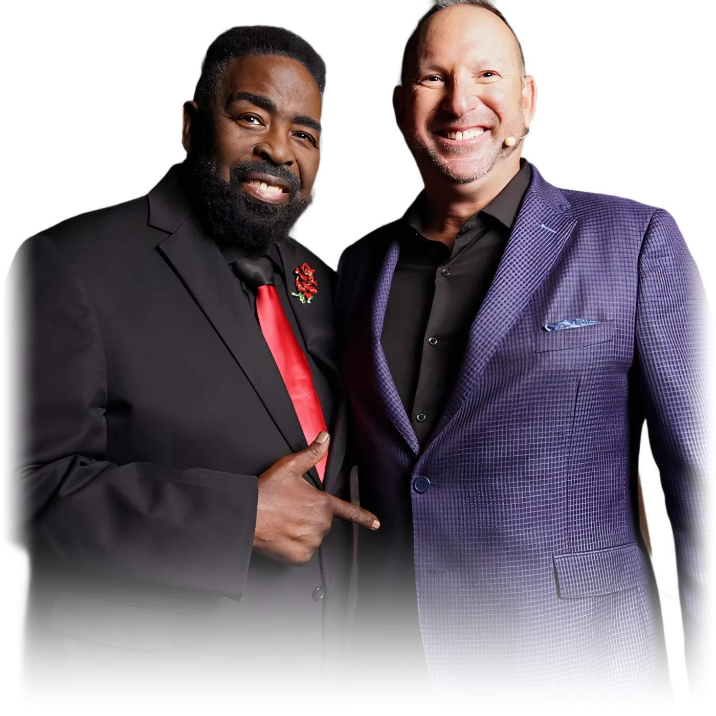 Les Brown and Michael Fineman standing together, Les pointing toward Michael